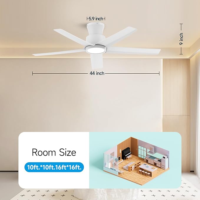 ocioc 44 inch Ceiling Fans with Lights and Remote, Dimmable Ceiling Fans with Reversible Quiet DC Motor, Flush Mount, 3CCT, White Ceiling Fan for Bedroom Living room Indoor/Outdoor