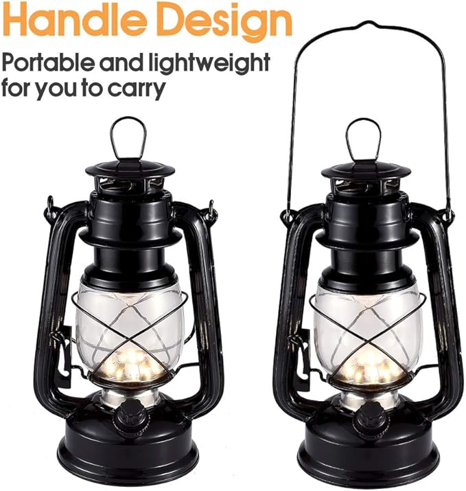 Vintage LED Hurricane Lantern, Warm White Battery Operated, Antique Metal Hanging With Dimmer Switch, 15 LEDs, 150 Lumen for Indoor or Outdoor Usage (Black)