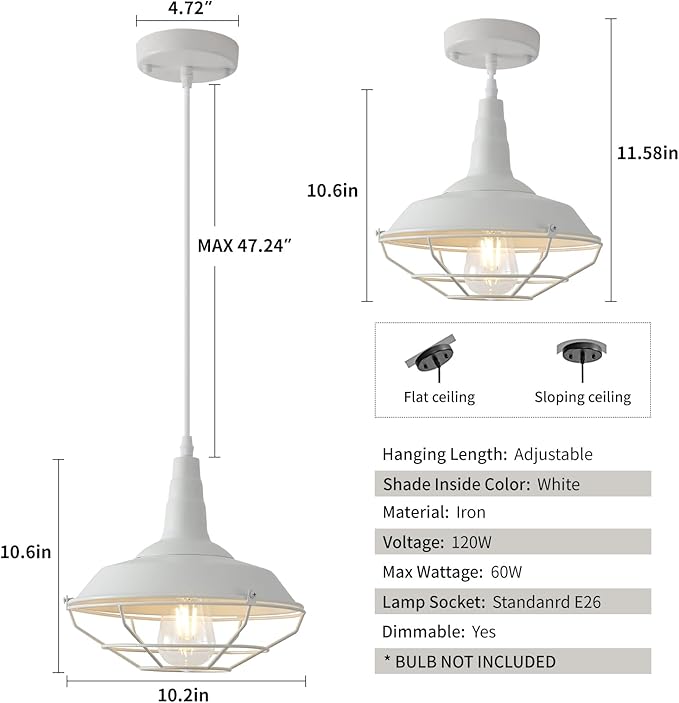 Farmhouse Pendant Light 10.5inches, 3 Packs - White Industrial Pendant Light, Pendant Lights Kitchen Island, Kitchen Pendant Lights for Bedroom, Office, Library, Dining Room