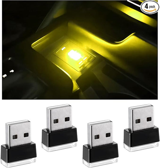 4 PCS USB LED Car Interior Atmosphere Lamp, Portable Plug-in 5V USB Car LED Interior Lighting Night Lamp, Mini USB Ambient Lighting Decor for Home Car Laptop Keyboard (Yellow)