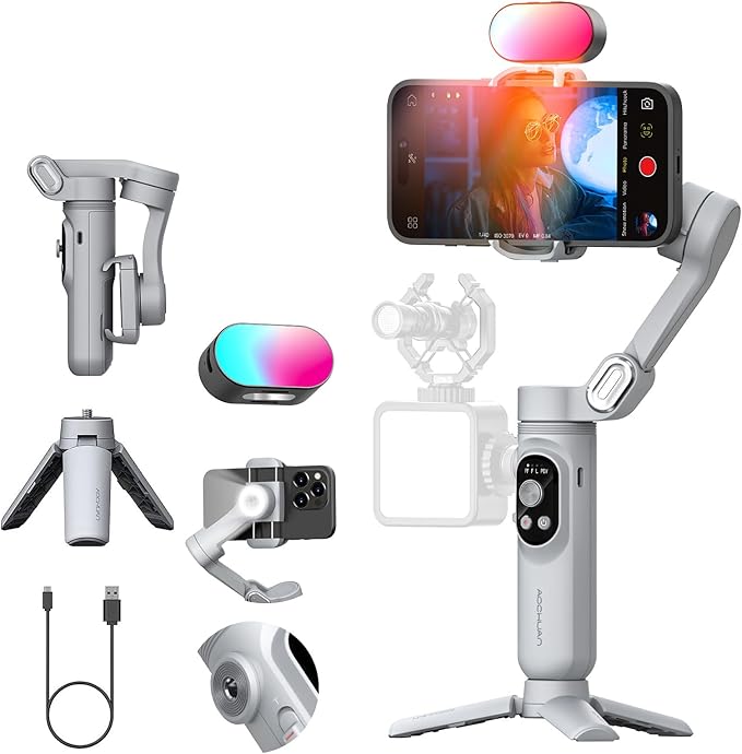 AOCHUAN 3-axis Gimbal Stabilizer for Smartphone w/ 1/4 Thread Foldable Phone Stabilizer for Recording, Built-in Fill Light, Smartphone Gimbal w/RGB Light for iPhone 15/14 Vlogging(Smart X Kit Grey)