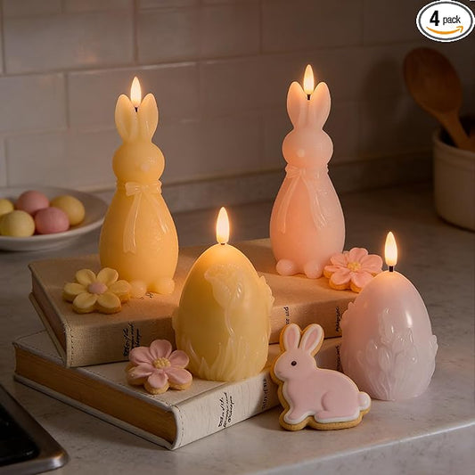 WDS WONDROUS Easter Flameless Candles Set of 4, LED Bunny & Egg Candles with Floral Embossed Design, Pink & Yellow Battery Operated Candle for Home Decor, Gift for Women, Mom, Easter Decor