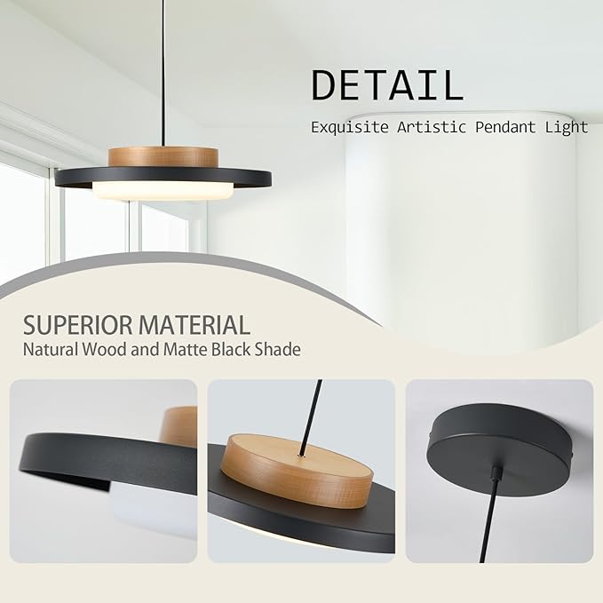 Dimmable Pendant Lights,15 inch,Real Wood Cap,3000K/Warm White/22W,LED Pendant Light Fixtures for Kitchen, Dining Room, Living Room,Black