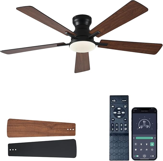 Ceiling Fans with Lights, 52Inch Low Profile Ceiling Fan with Light and Remote/App Control, Modern Flush Mount Brown Ceiling Fan, 3CCT Dimmable, Reversible DC Motor, for Living Room,Bedroom