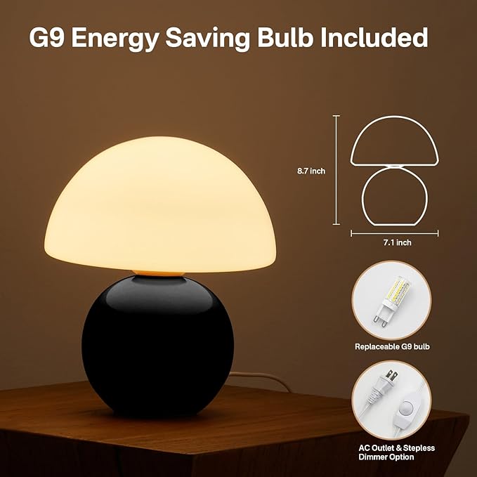 Mushroom Lamp Table Lamp for Bedroom,Desk Bedside Small Lamps for Living Room Night Stands,Mushroom Decor Cute Mini Modern Mid Century Lamps,Unique Aesthetic Home Living Room Decor(Black)