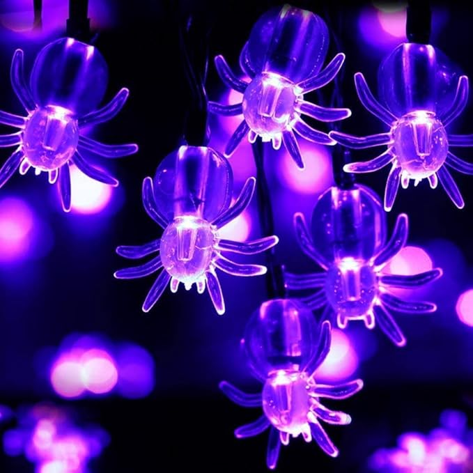 Halloween Solar String Lights, 21.3 Ft 30 LED Purple Spider LED Lights IP65 Waterproof for Halloween Outdoor Indoor Party Decor, Patio, Lawn, Garden, Yard