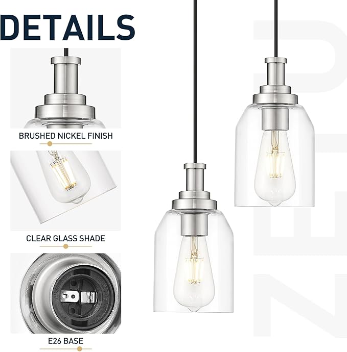 zeyu Modern Pendant Light 2 Pack, Hanging Ceiling Light Fixture for Dining Room Bedroom, Brushed Nickel Pendant Lighting with Clear Glass Shade, ZG33M1L-2 BN