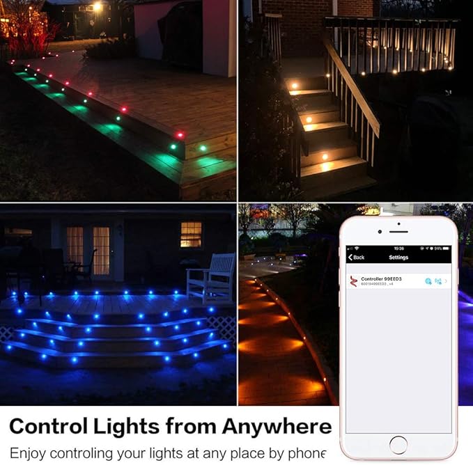FVTLED WiFi LED Deck Lights Kit RGBW, 10pcs Φ1.77 Smart Phone Control Low Voltage Recessed Muticolor & Warm White Soffit Yard Path Stair Decor Lamp Fit for Alexa Google Home, Black Shell