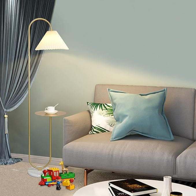 beaysyty Modern Elegant with Tray Floor Lamp for Office Cafe Den Living Room Bedroom, Foot Switch and Brass/Gold Finish,Light Yellow Pleated Cloth Lampshade