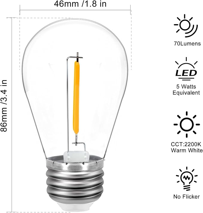 25-Pack S14 Outdoor Light Bulbs, Shatterproof Replacement Bulbs for Patio Outdoor String Lights, 1W,E26 Base Edison LED Bulbs, 2200K Warm White, 70Lm, Non-Dimmable