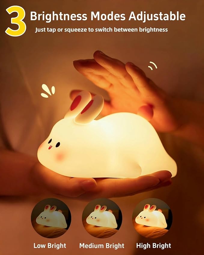 Big Face Rabbit Silicone Night Light, Squishy Bunny Lamp with Touch Control, 30-Min Timer, Rechargeable Kids Night Light for Bedroom Nursery, [Easter Gifts]