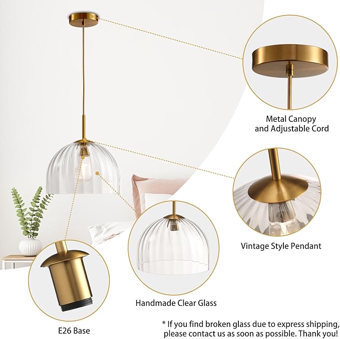 Modern Pendant Lights Kitchen Island, 11.8 Inch Dome Lampshade Large Chandelier, Rustic Farmhouse Industrial Ceiling Hanging LED Lighting Fixture with Clear Glass Bell Shade