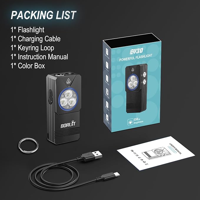 BORUIT EV30 Mini LED EDC Flashlight with 365nm UV Light, 550 Lumens USB-C Rechargeable Pocket Keychain Flashlight, Magnetic Tail & Clip, IP66 Waterproof for Camping, Hiking, Emergencies