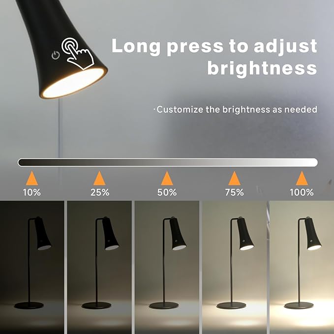 Rechargeable LED Desk Lamp, 4-in-1 Cordless Table Lamp, Magnetic Wall Mount LED Light, with Stepless Brightness, 3 Color Dimmable, 360° Rotation, For Reading, Office, Bedroom,Working, Hallway (Black)