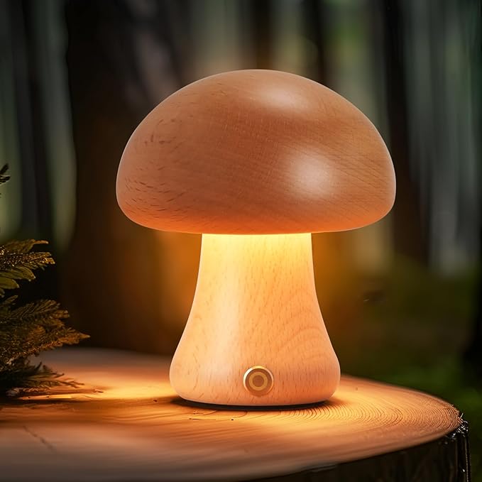 Creative Wood Mushroom Table Lamp, Portable Cordless Small Lamp, Rechargeable Battery Operated Lamp,Stepless Dimming, Night Light for Birthday Gifts, Creative Home Decor Unique House Gift
