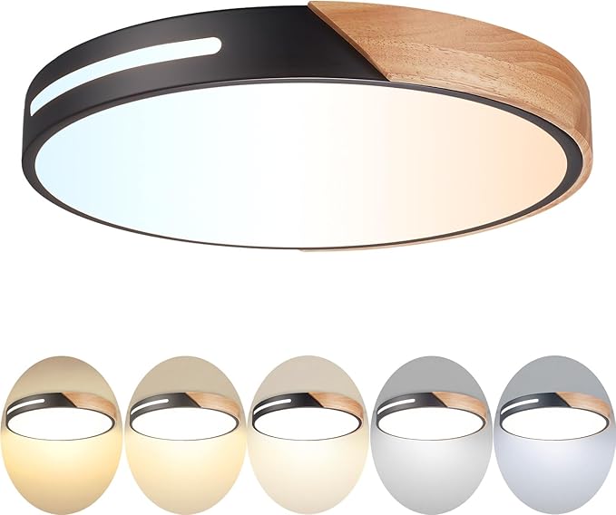 Wood Ceiling Light Flush Mount LED 36W, 16 inch Flush Mount Black, Kitchen Light Fixtures Ceiling Mount, Dimmable Close to Ceiling Light for Bedroom, Living Room, Bathroom