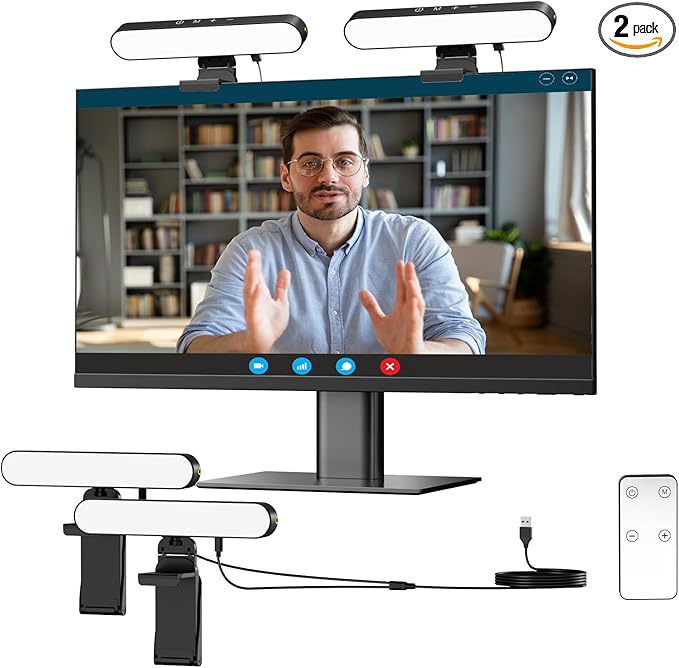 Takerers Video Conference Lighting, Webcam Light with Remote & Touch Control, 3 Color Temperature, 10 Level Brightness, Zoom Light for Computer, Video Calls, Live Streaming, Podcast, Studio (2-Pack)