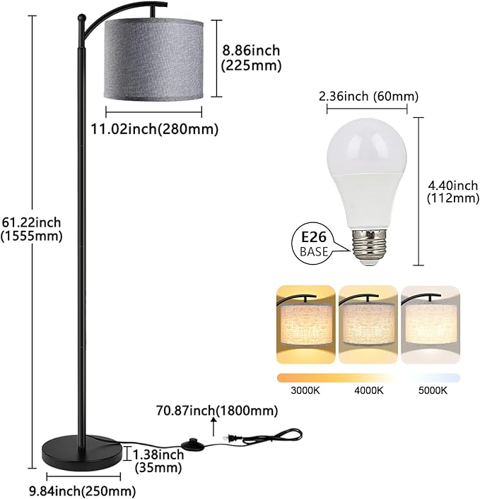 Floor Lamp with 3CCT LED Bulb, Gray Linen Lamp Shade for Living Room, Modern Standing Lamp for Bedrooms - Black