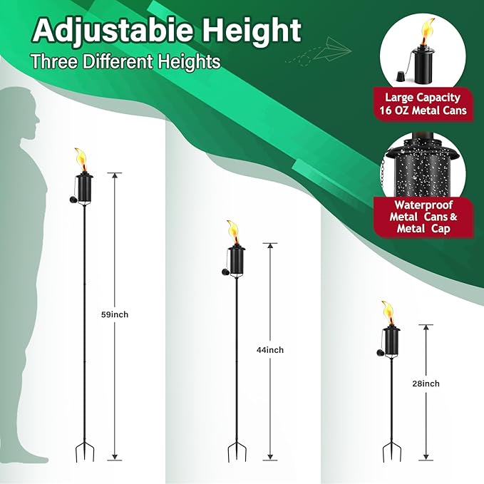 4 Pack Garden Torches, 16 oz Metal Torch for Outside with 3-Prong Grounded Stake, Outdoor Decorative Citronella Torches, 59 inch Garden Décor Torches