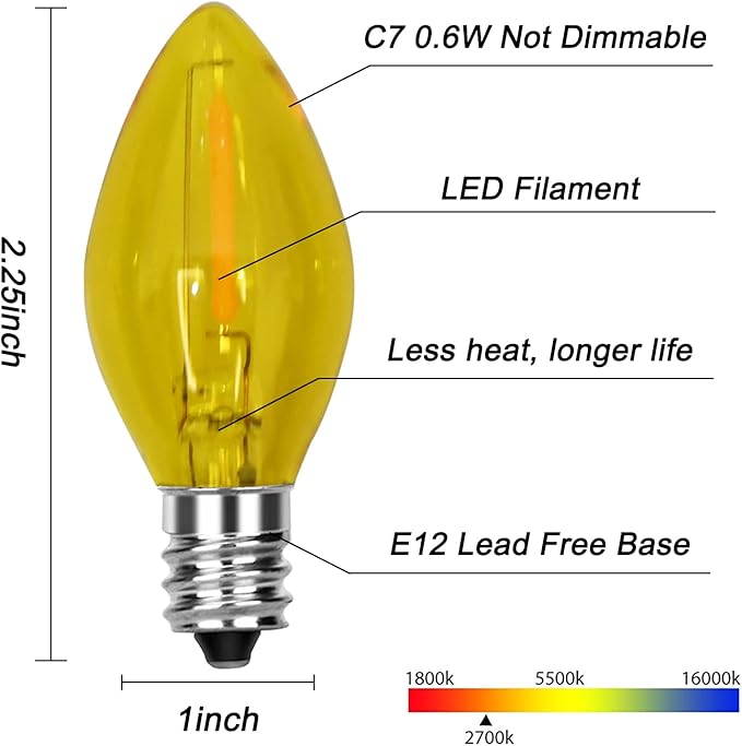 25 Pack LED C7 Christmas Lights Replacement Bulbs,Clear Multicolor Christmas Light Bulbs 0.6Watt Dimmable E12 LED Glass Bulbs for Indoor Outdoor Decorative
