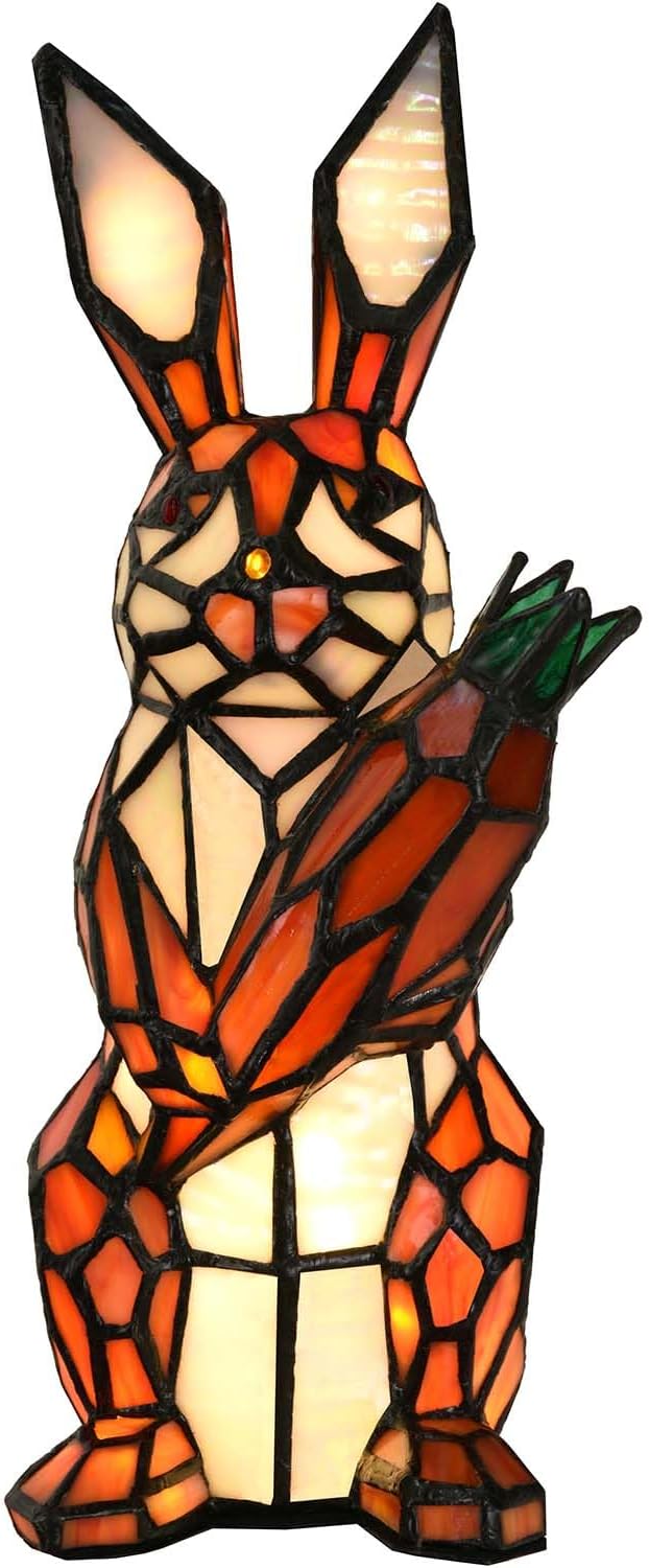 Bieye L10951 Rabbit Holds Carrot Tiffany Style Stained Glass Accent Table Lamp for Home Decor (Orange)
