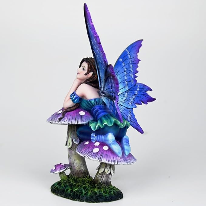 Fantasy Mushroom Fairy Figurine, 6.1 Inch Blue-Purple Gradient Elf Statue, Hand-Painted Resin Decor with 3D Mushroom Base for Fairy Garden, Desk, Living Room Display