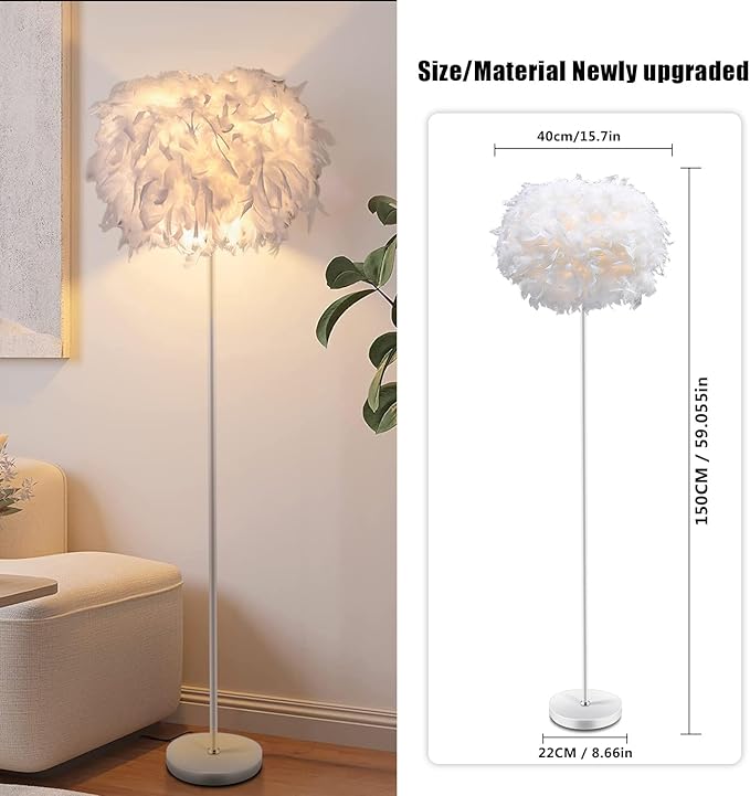 Feather Floor Lamp,59in Simple Modern LED Standing Lamp,White Feather Floor Lamp for Bedroom,Living Room,Dining Room and Office(Bulb not Included)
