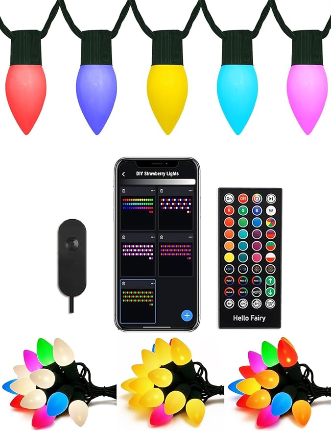 HIITEN Smart C9 Christmas Lights Outdoor 66ft, 100 LED RGBW Chasing Effects Xmas Lights Outdoor, APP and Remote Controlled with Timer Music Sync, Extendable LED Christmas Lighting for House Tree