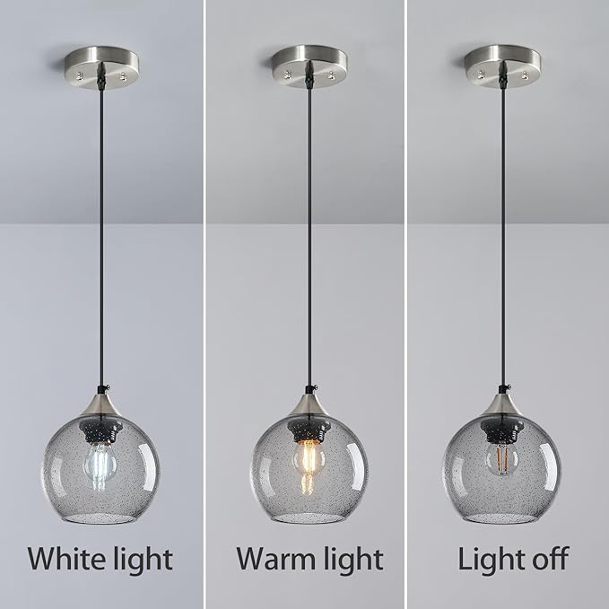 Light Grey Glass Pendant Lights Kitchen Island Globe Pendant Light Fixtures Modern Pendant Lighting for Bedroom Living Dining Room Light Fixture (5.9 in, 2 Pack)