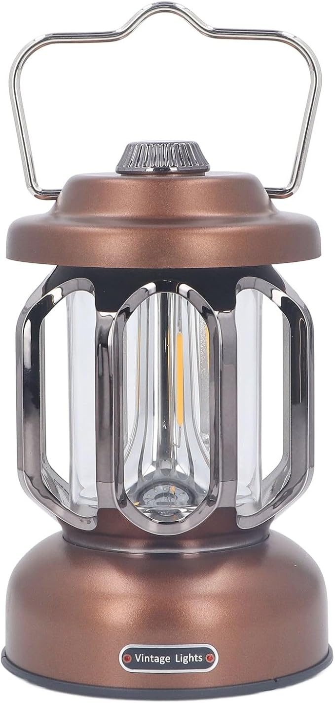 Retro Camping Lantern, Rechargeable LED Tent Lamp with 3 Light Modes, Dimmable Vintage Camping Light with Hook, USB Type C Portable Lantern for Garden Outdoor (Brown)