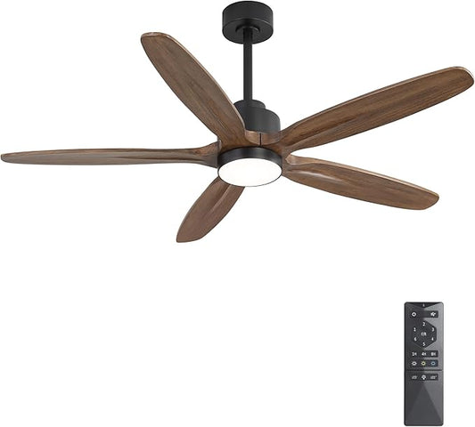WINGBO 54" Ceiling Fan with Light - 5 Carved Solid Wood Blades, 6-Speed Reversible DC Motor, Dimmable, 3CCT, Noiseless Remote Control Ceiling Fans with Lights for Bedroom Living Room, Black and Wood