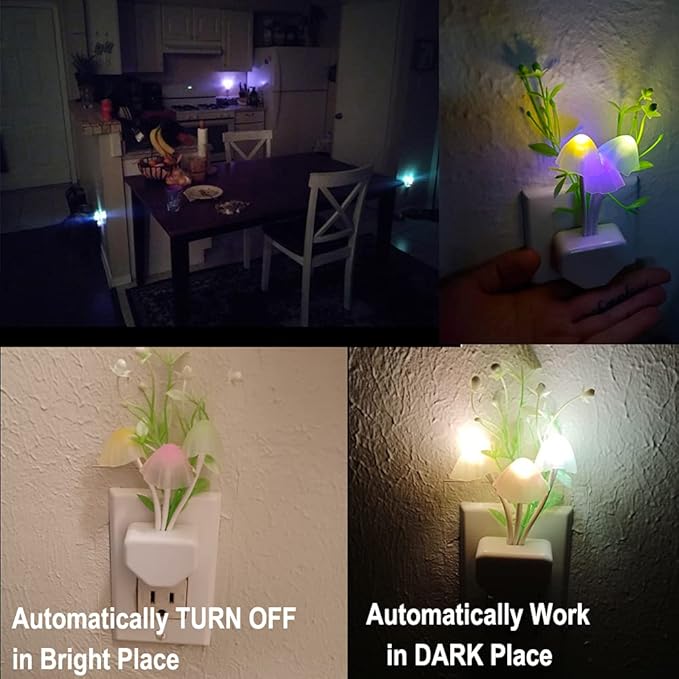 AUSAYE 4Pack Sensor LED Plug in Night Light for Adults Kids , Color Changing Cute Mushroom Flower Wall Lamp for Bedroom,Bathroom,Stairs,Kitchen,Corridor