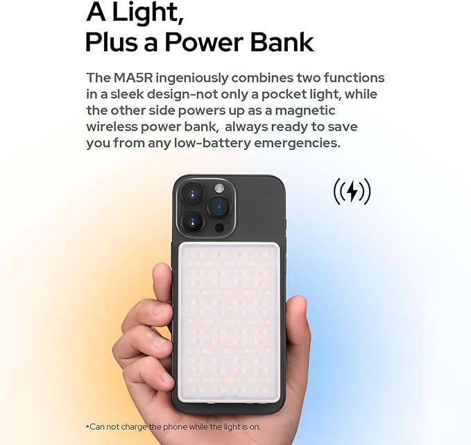 Godox MA5R Magnetic Charging RGB Video Light Pocket LED Fill Light for Phone Photography Light 1800K-10000K Dimmabe 14 FX Effects Built-in Battery APP Control Work as Wireless Power Bank