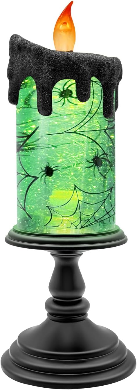 Halloween Spider Snow Globe Candle – LED Flameless Candle with Black Drip, Spooky Spider Web Design, Battery Operated Halloween Decoration for Table, Mantel, Party, Indoor Decor