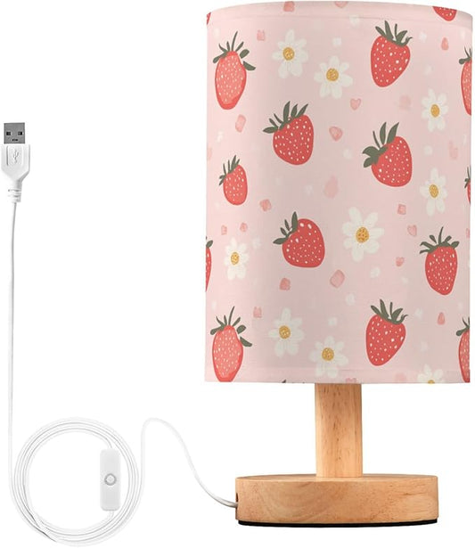 Cute Red Strawberry and White Flower Bedside Table Lamps with USB Port for Bedroom Lamp Table Lamp Small Nightstand Lamp Sturdy Linen Shade Decorative Lamps for Home Room Kids Reading Nursery