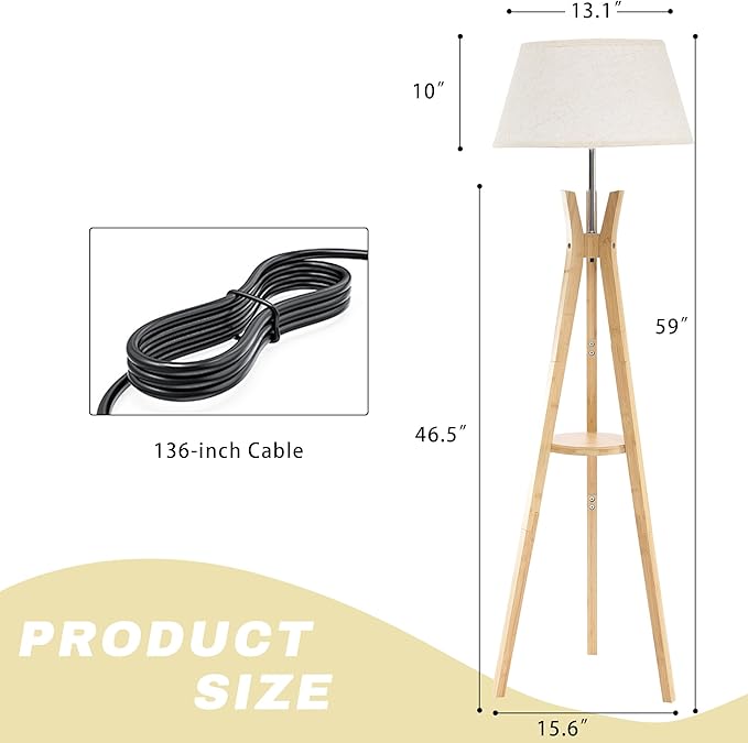 Floor Lamp with Shelf Table, Mid-Century Modern Corner Floor Lamp with Beige Linen Shade, Tall Standing Lamp with Bamboo Tripod Frame, E26 Base for Living Room Bedroom Office