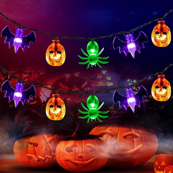 Halloween String Lights Battery Operated, Bat Ghost Spider Pumpkin Lights, Indoor Decorations for Cute Party Decor（3 Elements）