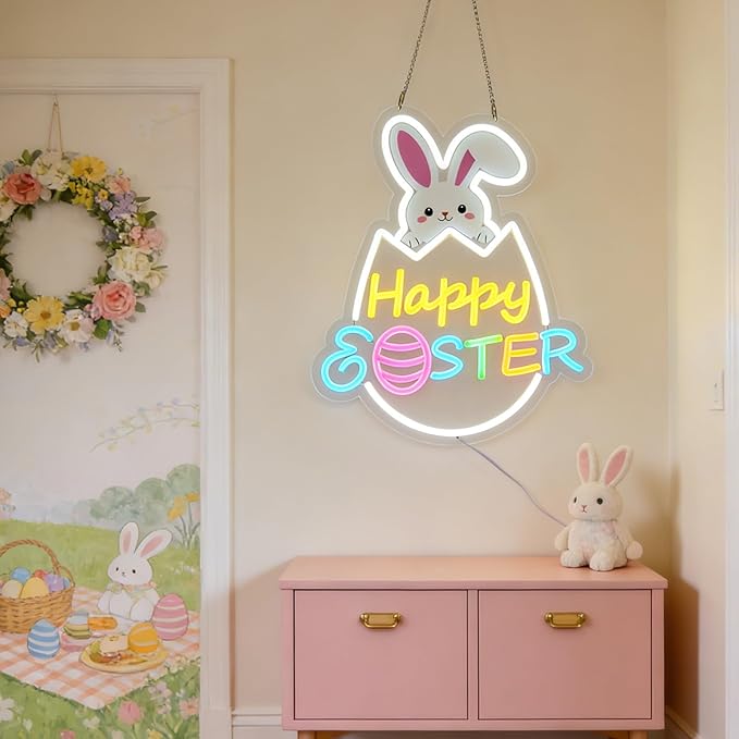 Easter Decorations LED Neon Sign 15 In Happy Easter Neon Sign LED Rabbit Egg Window Lights Home Party Indoor Outdoor Wall Bunny Decor Light Up Sign for Bedroom Easter Birthday Party Decor