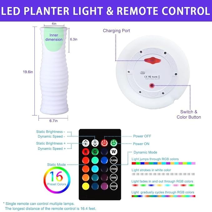 LED Vase Night Light, 20-in Rechargeable LED Planter Light, 16 Colors & 4 Modes Cordless Flower Pot with Remote, Waterproof & Sturdy Floor Mood Lamp for Living Room Bedroom Yard Wedding Party Decor