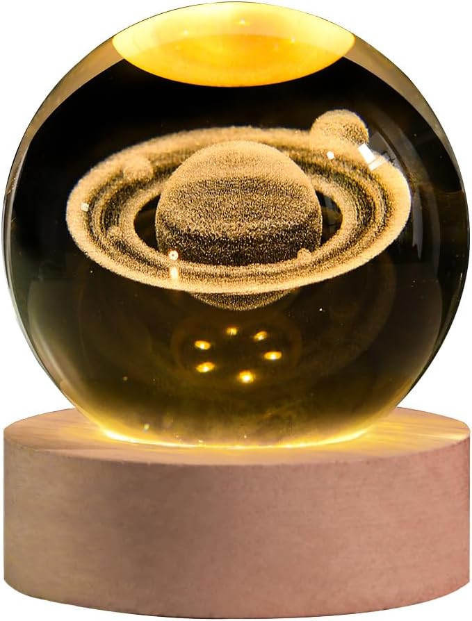 3D Saturn Crystal Ball with LED Stand, 60mm Glass Sphere Decorative Balls, Space Planet Galaxy Lamp Night Light Gifts for Women Kids