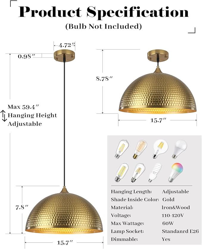 Gold Pendant Light 16 inch, Hammered Large Dome Pendant Light, Industrial Farmhouse Pendant Lights Kitchen Island, Gold Island Pendant Lights for Kitchen, Dining Room Living Room 1 Pack