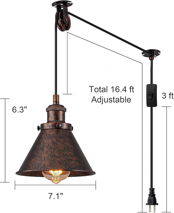 Plug in Pendant Light, On/Off Switch, 7.1 in. Hanging Light Fixture with Rustic Cone Shade, Rusty Pendant Light, 16.4ft Hanging Lights with Plug in Cord for Bedroom, Kitchen, Living Room