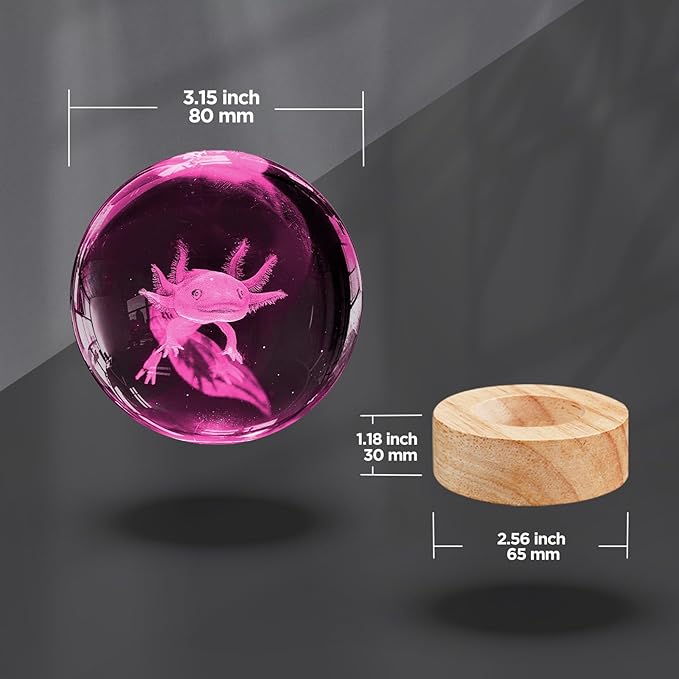 3D Axolotl Crystal Ball Night Light 3.15 inch Axolotl Glass Ball Lamp with 16 Color Changing Wooden Base and Remote Axolotl Ideal Gifts for Kids Friends Birthday Christmas Room Decor Axolotl Toys
