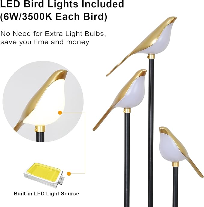 Black and Gold Floor Lamp, Bird Floor Lamp with Shelves, Modern floor Lamps for Living Room, 3-Light Corner Standing Lamp, LED Stand Up Lamp, Tall Lamp for Bedroom, Office, Cute Lighting Decor