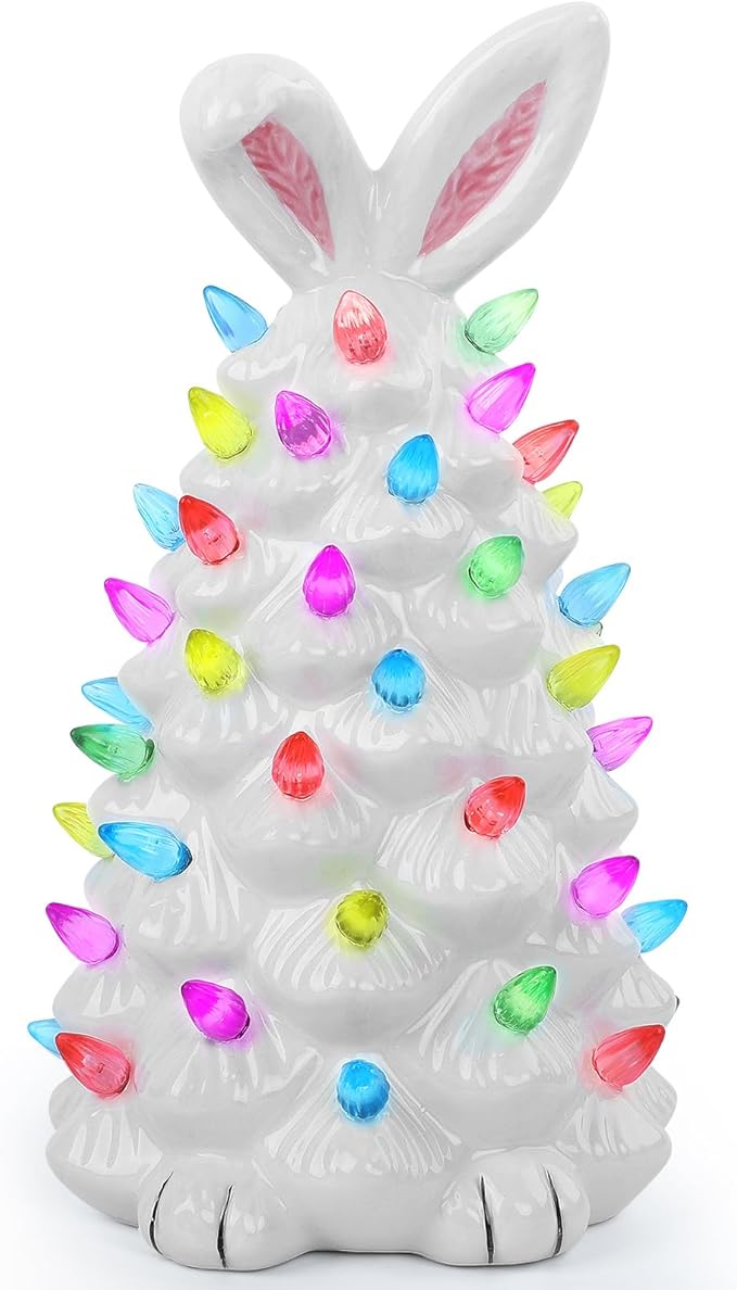 Light up Easter Bunny Decor Glowing Tree, Cute Ceramic Tree Bunny Decorations for The Home Indoor Bedroom Office Decor Tabletop, Easter Night Light for Kids Gifts (White)