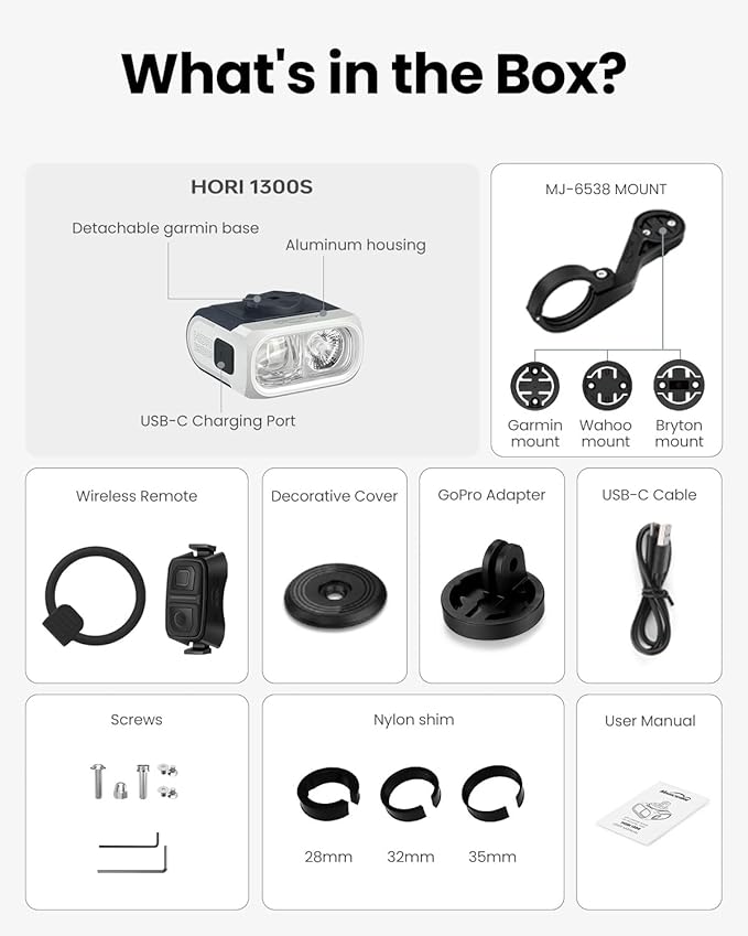 Magicshine HORI1300S Bike Headlight, Compatible with Garmin/Wahoo, 1300 Lumens High & Low Beam Front Light, USB-C Rechargeable, IPX6 Waterproof for Night Riding and Urban Cycling