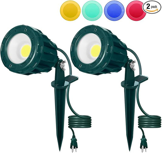 120V Spotlight Outdoor Halloween, 10W LED Spot Light with 4 Extra Lenses (Red Green Blue Yellow), Waterproof Landscape Spotlights for Christmas, Holiday, 5FT Extension Cord