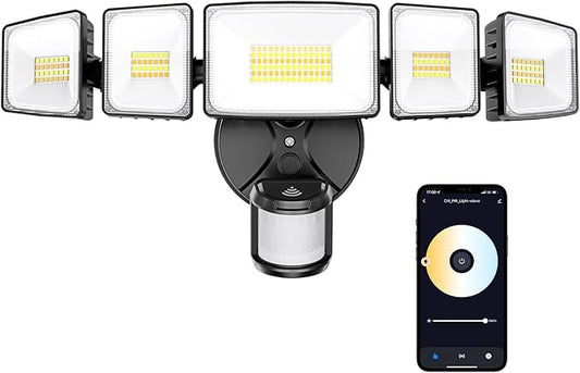 Onforu 5 Heads 120W 12000LM Smart LED Security Lights Motion Sensor Outdoor, APP Control 340° Illumination WiFi Alexa Flood Light 2700K-6500K Exterior Motion Detector, IP65 Wall Light for Yard, Black