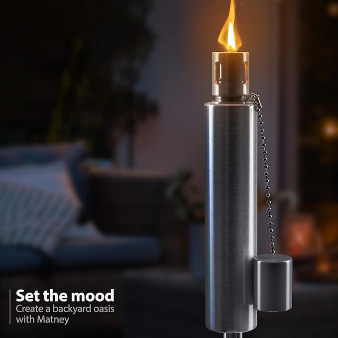 Matney Stainless Steel Outdoor Torches - Decorative Garden & Yard Lights - 5 ft Oil Lamp for Citronella - Fiberglass Wick & Snuffer Cap - Set of 4 (Barrel)