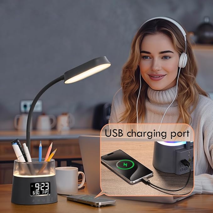WILIT LED Desk Lamp for College Dorm Room Essentials, Students Study Lamp with USB Charging Port, Pen Holder, Clock & RGB Night Light, Office Desk Accessories, Table Lamp for Bedroom - Gray